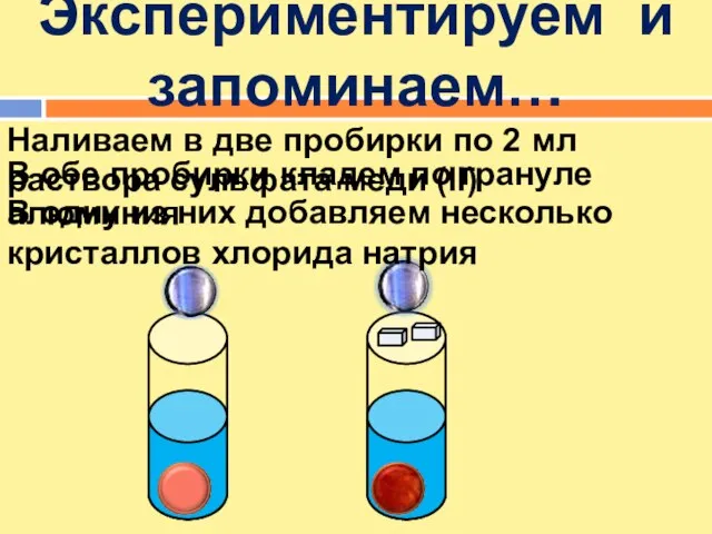 Экспериментируем и запоминаем… Наливаем в две пробирки по 2 мл раствора сульфата