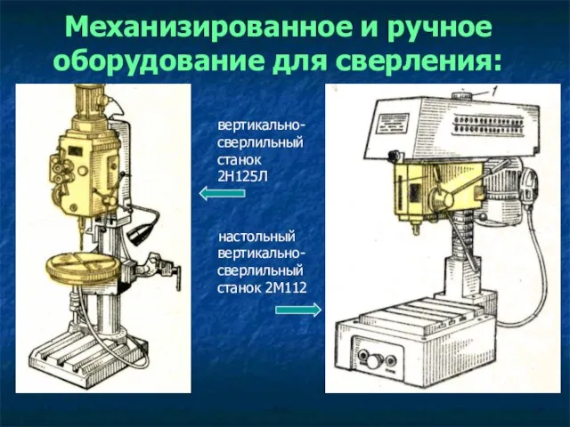 Механизированное и ручное оборудование для сверления: вертикально- сверлильный станок 2Н125Л настольный вертикально- сверлильный станок 2М112