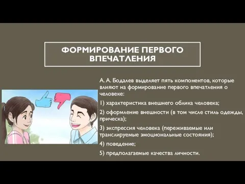 ФОРМИРОВАНИЕ ПЕРВОГО ВПЕЧАТЛЕНИЯ А. А. Бодалев выделяет пять компонентов, которые влияют на