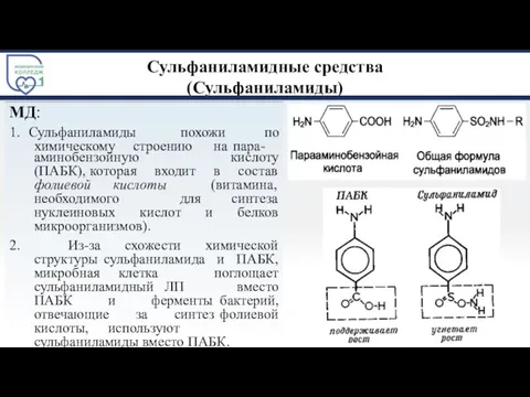 Сульфаниламидные средства (Сульфаниламиды) МД: 1. Сульфаниламиды похожи по химическому строению на пара-