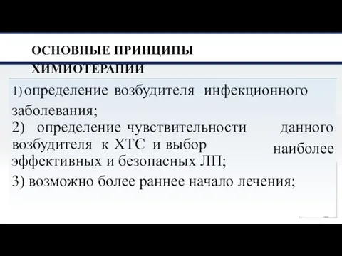 ОСНОВНЫЕ ПРИНЦИПЫ ХИМИОТЕРАПИИ 1) определение возбудителя инфекционного заболевания; 2) определение чувствительности данного