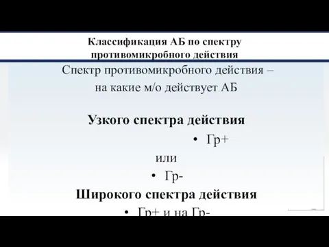 Классификация АБ по спектру противомикробного действия Спектр противомикробного действия – на какие