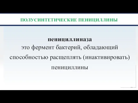 ПОЛУСИНТЕТИЧЕСКИЕ ПЕНИЦИЛЛИНЫ пенициллиназа это фермент бактерий, обладающий способностью расщеплять (инактивировать) пенициллины