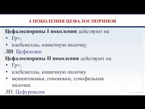 4 ПОКОЛЕНИЯ ЦЕФАЛОСПОРИНОВ Цефалоспорины I поколения действуют на Гр+, клебсиеллы, кишечную палочку.