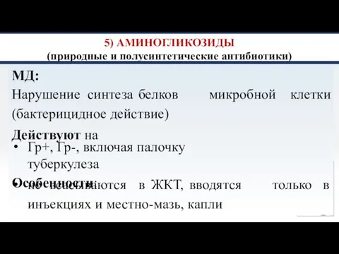 5) АМИНОГЛИКОЗИДЫ (природные и полусинтетические антибиотики) МД: Нарушение синтеза белков (бактерицидное действие)