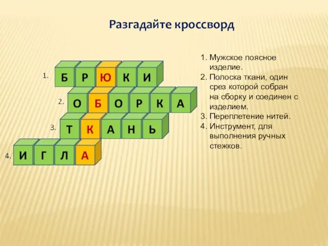 Разгадайте кроссворд 1. Мужское поясное изделие. 2. Полоска ткани, один срез которой