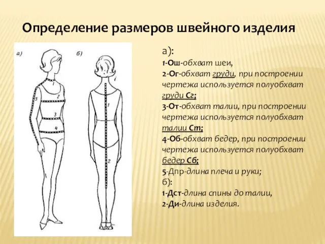 Определение размеров швейного изделия а): 1-Ош-обхват шеи, 2-Ог-обхват груди, при построении чертежа