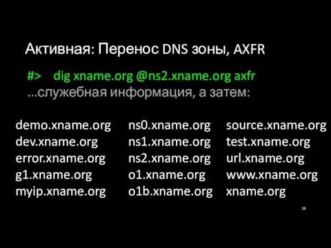 Активная: Перенос DNS зоны, AXFR #> dig xname.org @ns2.xname.org axfr ...служебная информация,