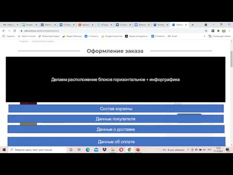 Делаем расположение блоков горизонтальное + инфорграфика Состав корзины Данные покупателя Данные о доставке Данные об оплате