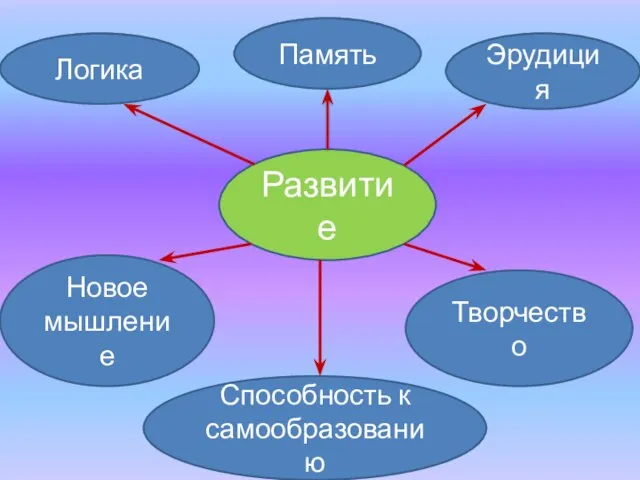 Развитие Память Логика Эрудиция Новое мышление Способность к самообразованию Творчество