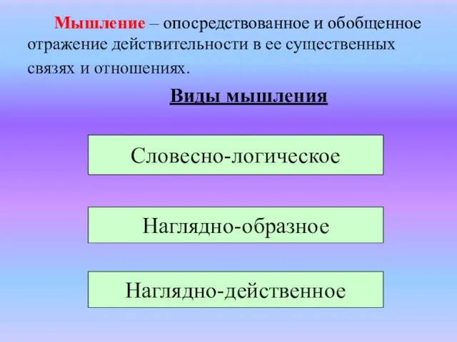 Мышление – опосредствованное и обобщенное отражение действительности в ее существенных связях и