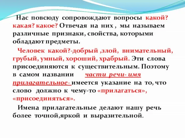 Нас повсюду сопровождают вопросы какой? какая? какое? Отвечая на них , мы