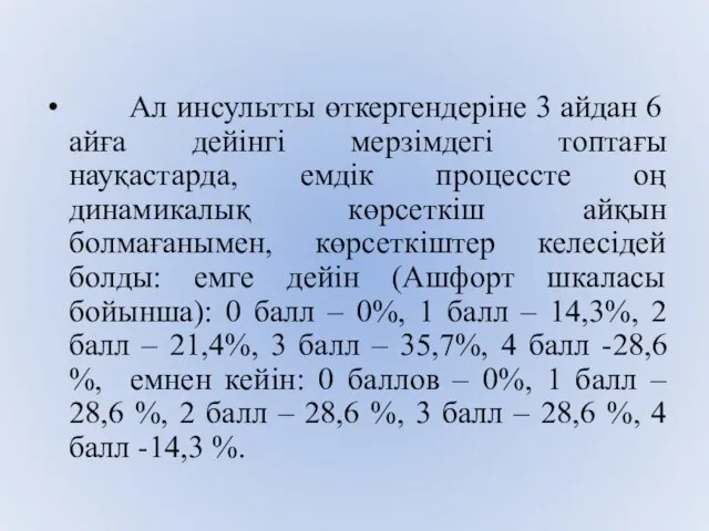 Ал инсультты өткергендеріне 3 айдан 6 айға дейінгі мерзімдегі топтағы науқастарда, емдік