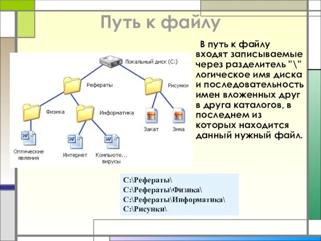 Путь к файлу В путь к файлу входят записываемые через разделитель "\"