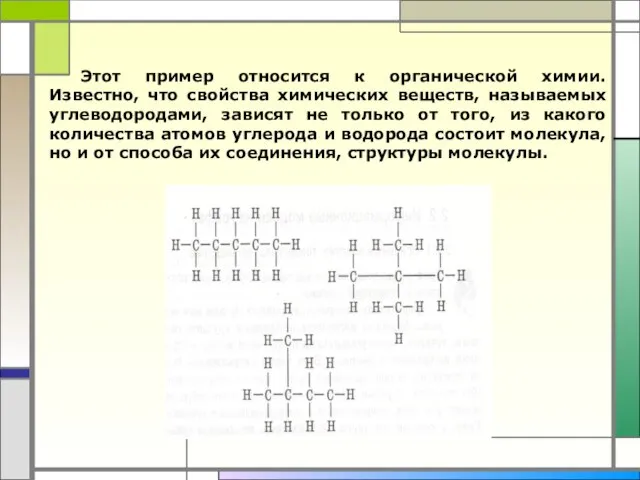 Этот пример относится к органической химии. Известно, что свойства химических веществ, называемых