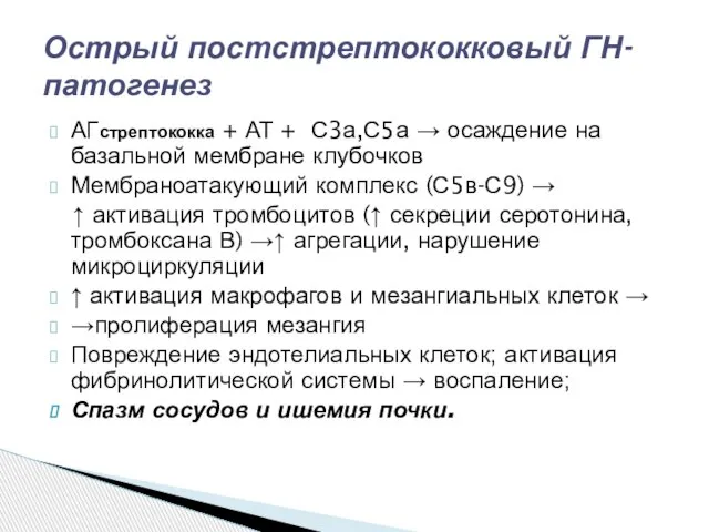 АГстрептококка + АТ + С3а,С5а → осаждение на базальной мембране клубочков Мембраноатакующий