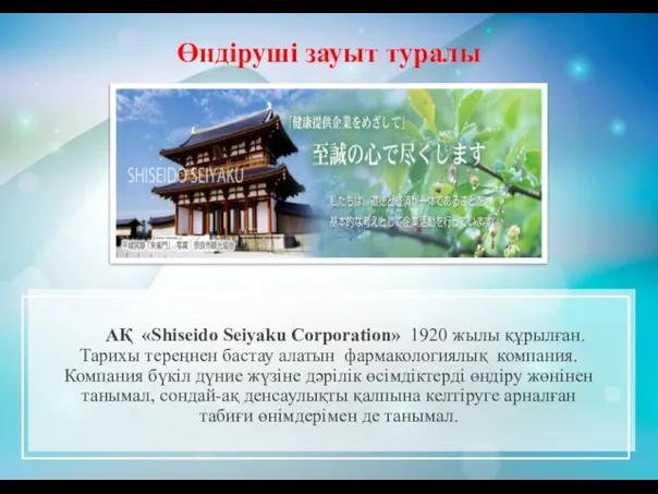 Өндіруші зауыт туралы АҚ «Shiseido Seiyaku Corporation» 1920 жылы құрылған. Тарихы тереңнен