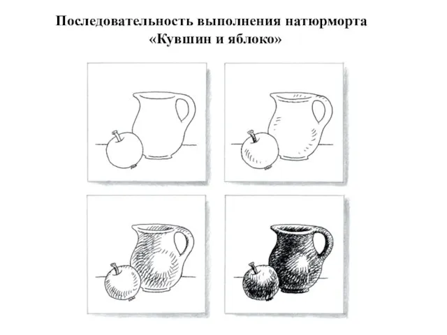 Последовательность выполнения натюрморта «Кувшин и яблоко»