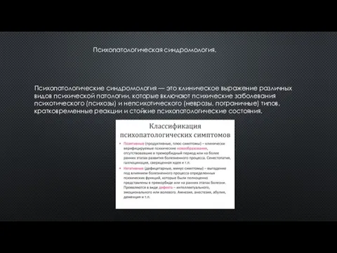 Психопатологическая синдромология. Психопатологические синдромология — это клиническое выражение различных видов психической патологии,