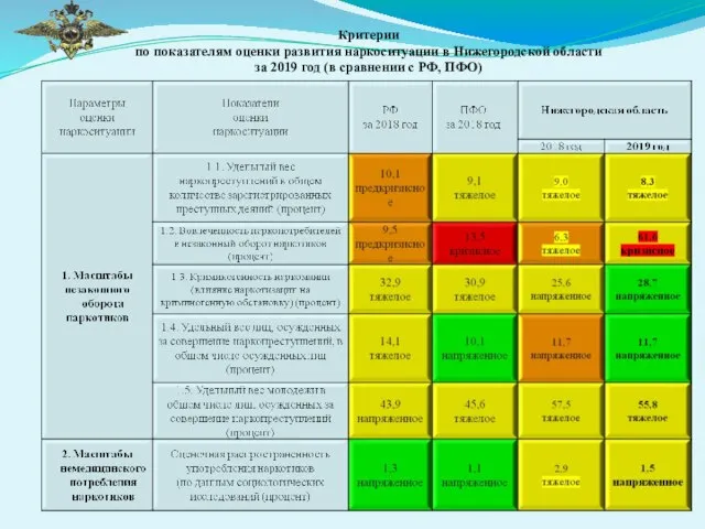 Критерии по показателям оценки развития наркоситуации в Нижегородской области за 2019 год