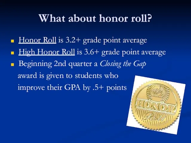 What about honor roll? Honor Roll is 3.2+ grade point average High