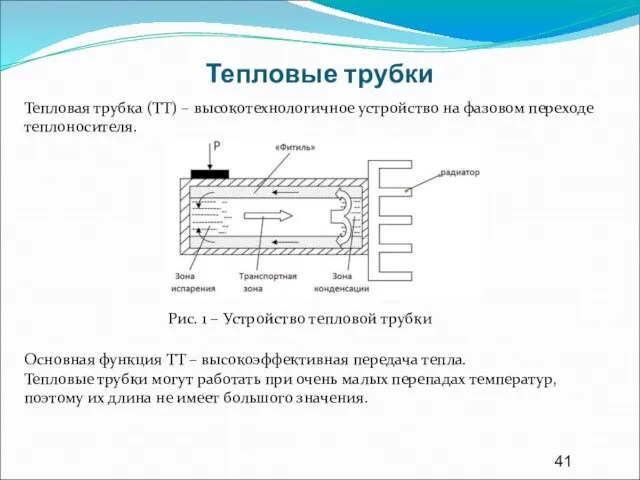 Тепловые трубки Рис. 1 – Устройство тепловой трубки Тепловая трубка (ТТ) –