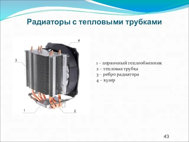 Радиаторы с тепловыми трубками 1 – первичный теплообменник 2 – тепловая трубка