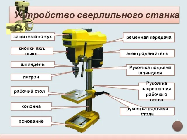 Устройство сверлильного станка основание колонна рабочий стол рукоятка подъема стола электродвигатель ременная