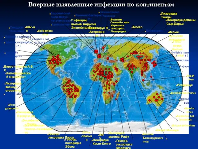 Впервые выявленные инфекции по континентам Лихорадка Тамды Ротавирус Лихорадка долины Сыр-Дарьи Bahmar