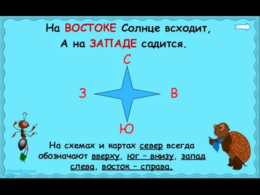 На ВОСТОКЕ Солнце всходит, А на ЗАПАДЕ садится. З В На схемах