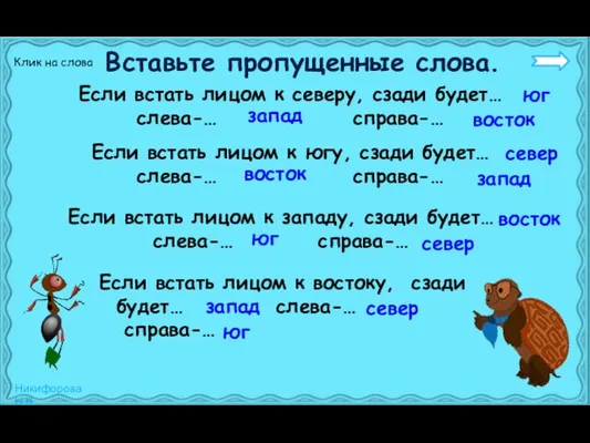 Если встать лицом к северу, сзади будет… слева-… справа-… юг Клик на