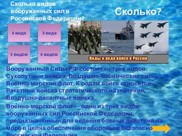 Вооруженный Силы РФ состоят из трех видов: Сухопутные войска, Воздушно-космические силы, Военно-морской