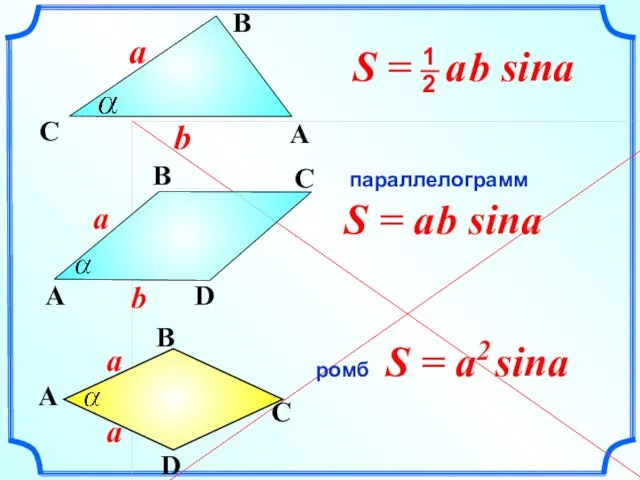 S = a2 sina параллелограмм ромб S = a b sina