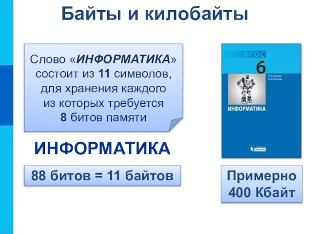 Байты и килобайты Слово «ИНФОРМАТИКА» состоит из 11 символов, для хранения каждого