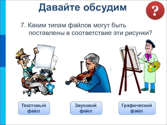 7. Каким типам файлов могут быть поставлены в соответствие эти рисунки? Давайте