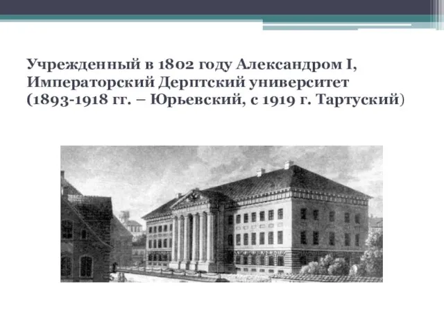 Учрежденный в 1802 году Александром I, Императорский Дерптский университет (1893-1918 гг. –