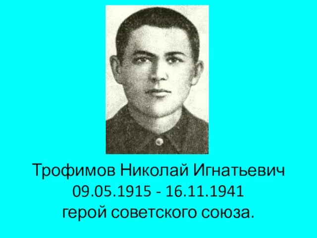 Трофимов Николай Игнатьевич 09.05.1915 - 16.11.1941 герой советского союза.