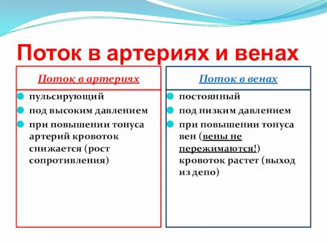 Поток в артериях и венах Поток в артериях Поток в венах пульсирующий