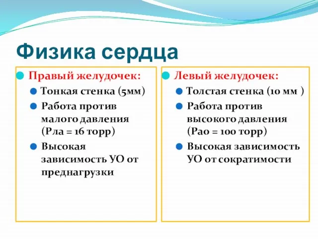 Физика сердца Правый желудочек: Тонкая стенка (5мм) Работа против малого давления (Рла