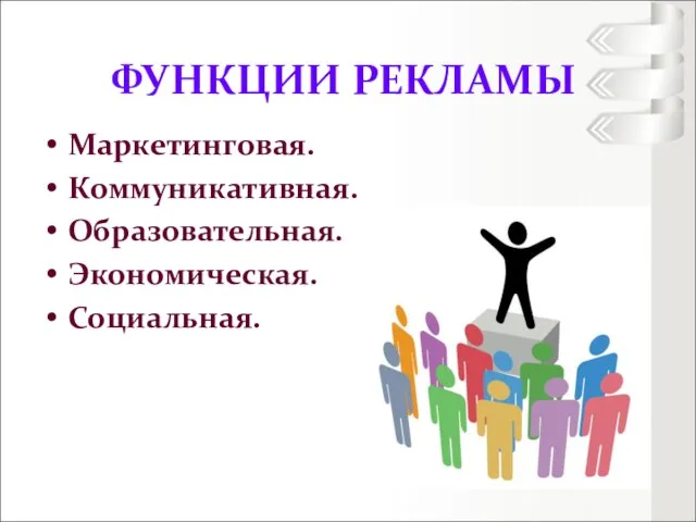 ФУНКЦИИ РЕКЛАМЫ Маркетинговая. Коммуникативная. Образовательная. Экономическая. Социальная.