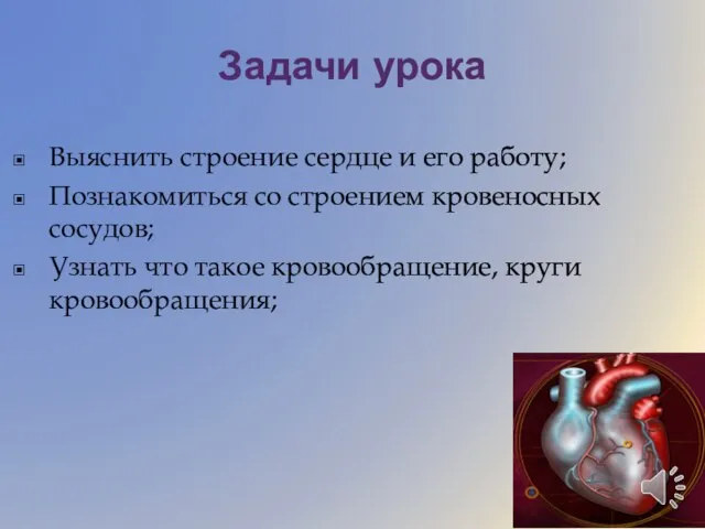 Задачи урока Выяснить строение сердце и его работу; Познакомиться со строением кровеносных