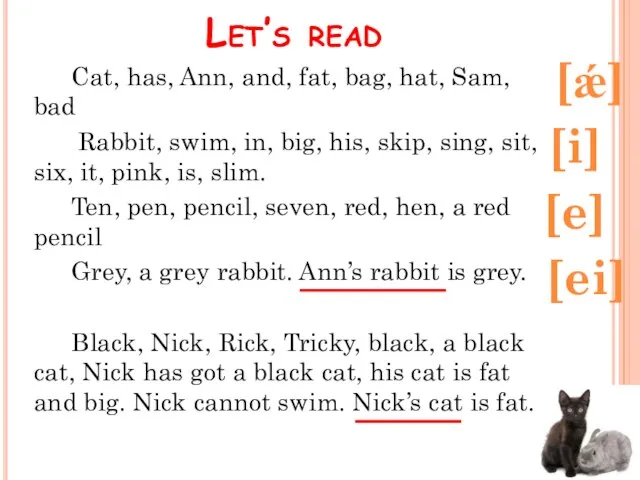 Let’s read Cat, has, Ann, and, fat, bag, hat, Sam, bad Rabbit,