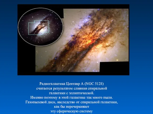 Радиогалактика Центавр А (NGC 5128) считается результатом слияния спиральной галактики с эллиптической.