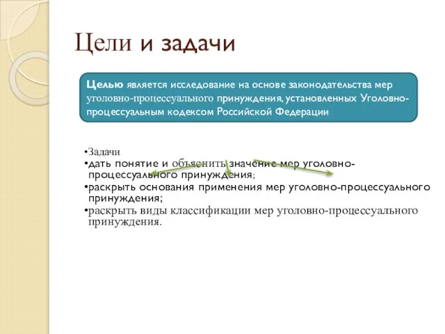 Цели и задачи Задачи дать понятие и объяснить значение мер уголовно-процессуального принуждения;