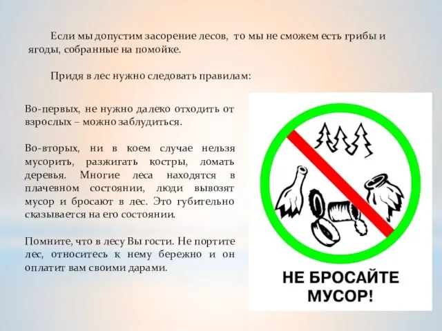 Если мы допустим засорение лесов, то мы не сможем есть грибы и