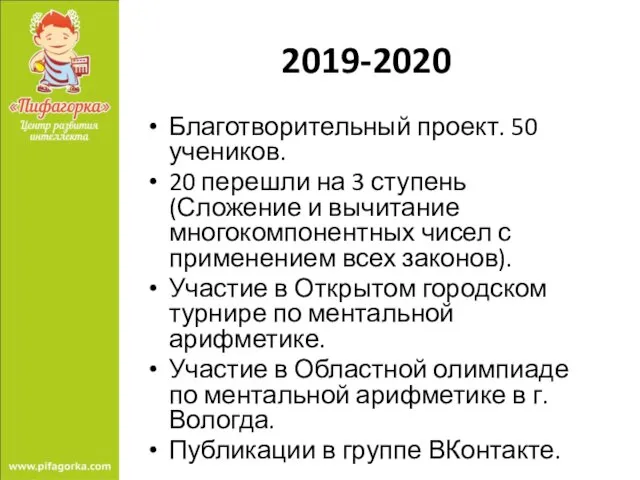 2019-2020 Благотворительный проект. 50 учеников. 20 перешли на 3 ступень (Сложение и