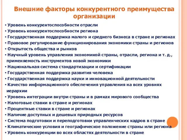 Внешние факторы конкурентного преимущества организации Уровень конкурентоспособности отрасли Уровень конкурентоспособности региона Государственная