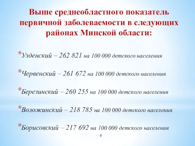 Выше среднеобластного показатель первичной заболеваемости в следующих районах Минской области: Узденский –