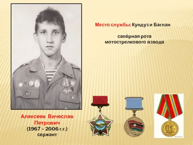 Алексеев Вячеслав Петрович (1967 – 2006 г.г.) сержант Место службы: Кундуз и