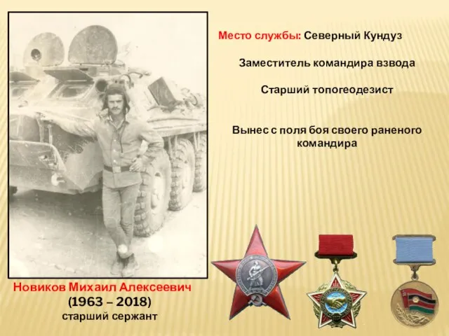 Новиков Михаил Алексеевич (1963 – 2018) старший сержант Место службы: Северный Кундуз